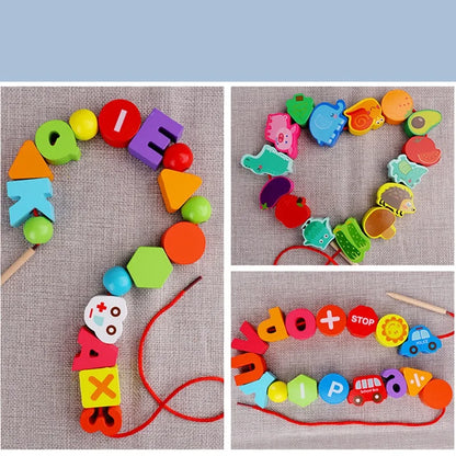 Monterssori Wooden Cartoon-Fruit-Animal Threading Wooden Beads Educational Toys