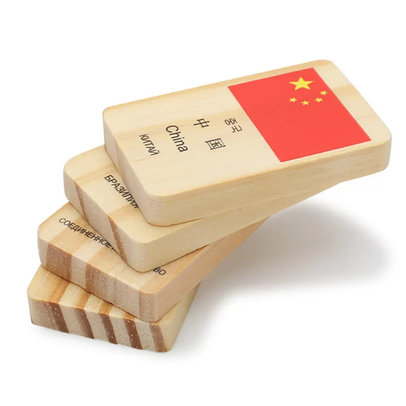 Multilingual Country National Flag Domino Wooden Blocks - 100pcs