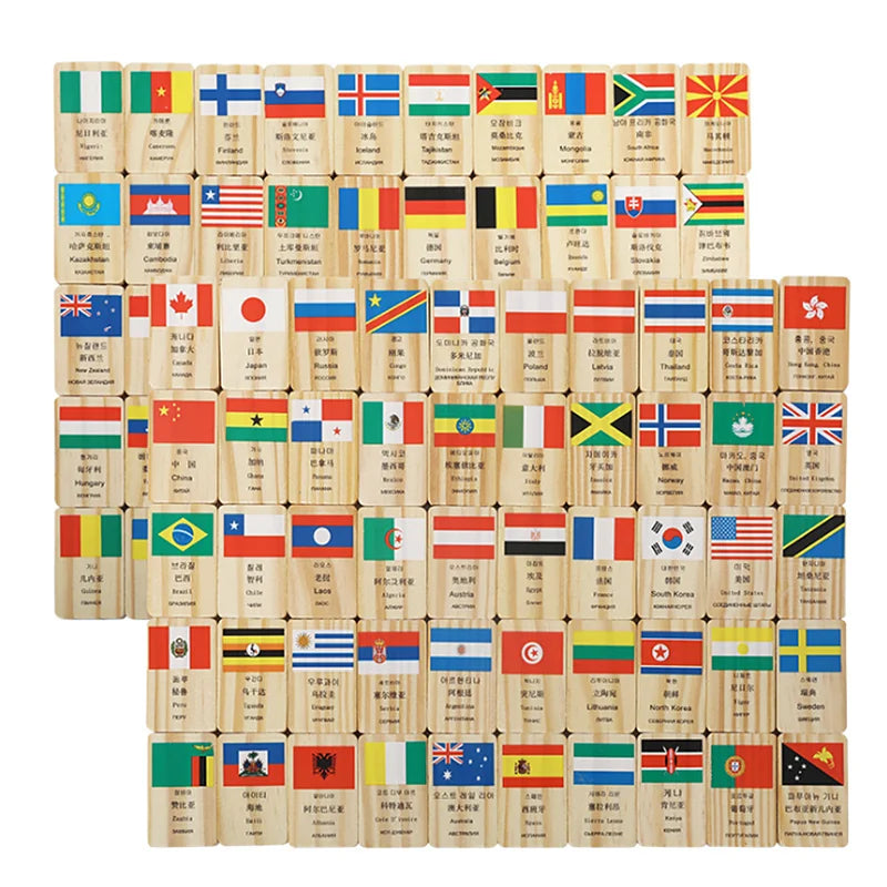 Multilingual Country National Flag Domino Wooden Blocks - 100pcs