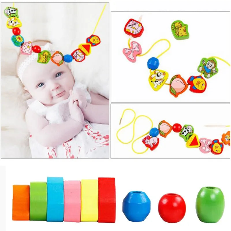 Monterssori Wooden Cartoon-Fruit-Animal Threading Wooden Beads Educational Toys