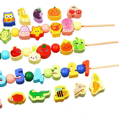 Monterssori Wooden Cartoon-Fruit-Animal Threading Wooden Beads Educational Toys